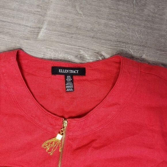 Ellen Tracy NWT Womens Red Linen Blouse With Gold Zipper & Button Detail Size M - Picture 5 of 8